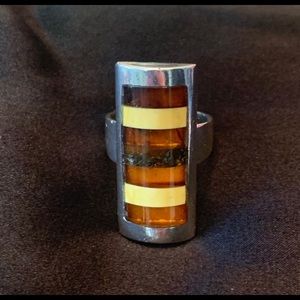 Striped Amber Sterling silver ring 1.25” tall